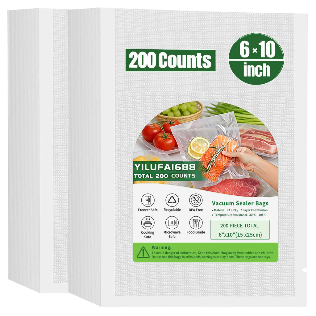 200 Quart Vacuum Sealer Bags for Food Saver Freezer Bag 6"x10" Vacuum Seal Sous Vide Cooking Bags Rolls Pre Cut Small Food Storage Commercial Grade Airtight Heavy Duty BPA Free