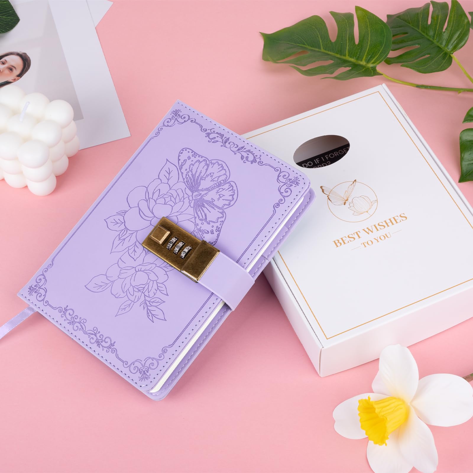 Diary with Lock, Vintage Lock Journal for Women and Girls, Hardcover Leather Journal for Gift, Refillable Lined Journal Notebook,5.2"x 7.3", （LightPurple）