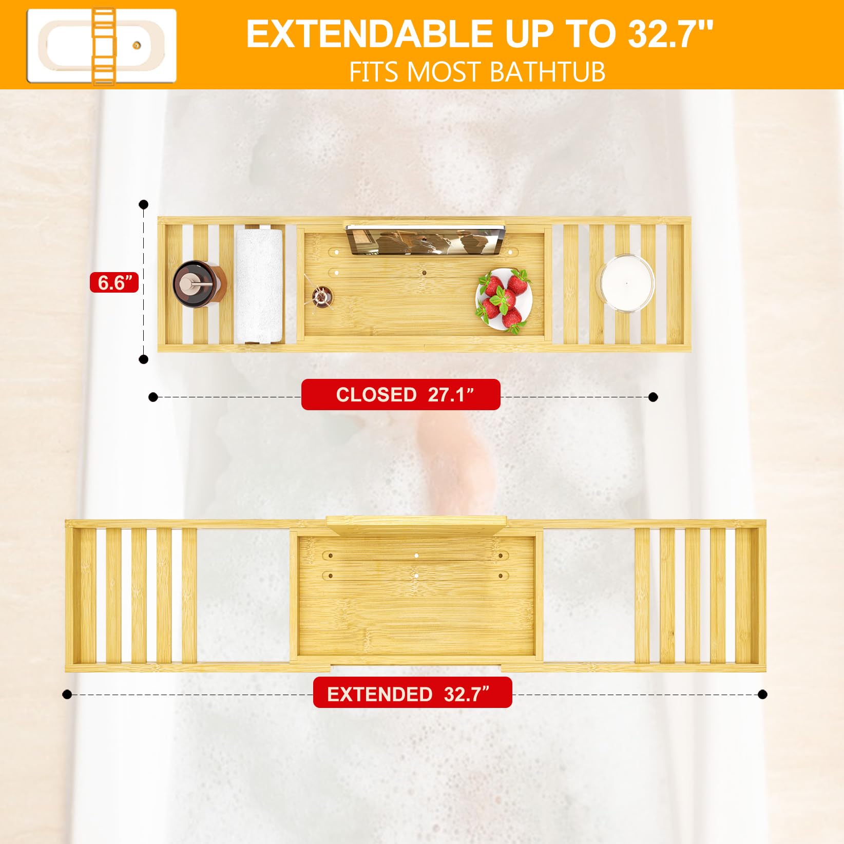 Bathtub Tray Caddy - Bath Tray - Bath Tub Tray Caddy for Bathtub, Expandable Size, Fits Most Bath Tubs