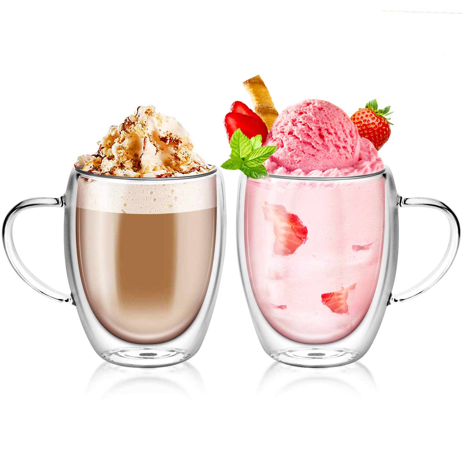 Glass Coffee Mugs 350ml, Top-spring 12oz Clear Glass Coffee Cups with Handles - Set of 4 Double Wall Insulated Coffee Mug Tea Latte Espresso Cups