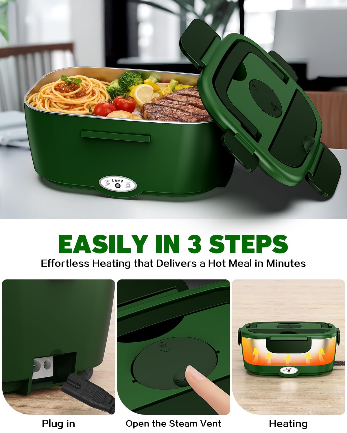 Electric Lunch Box for Adults – 80W Fast Heating Portable Food Warmer for Car, Truck & Office – Heated Lunch Box with 1.5L SS Containers, Leak-Proof Lonchera Eléctrica Portátil (GN)