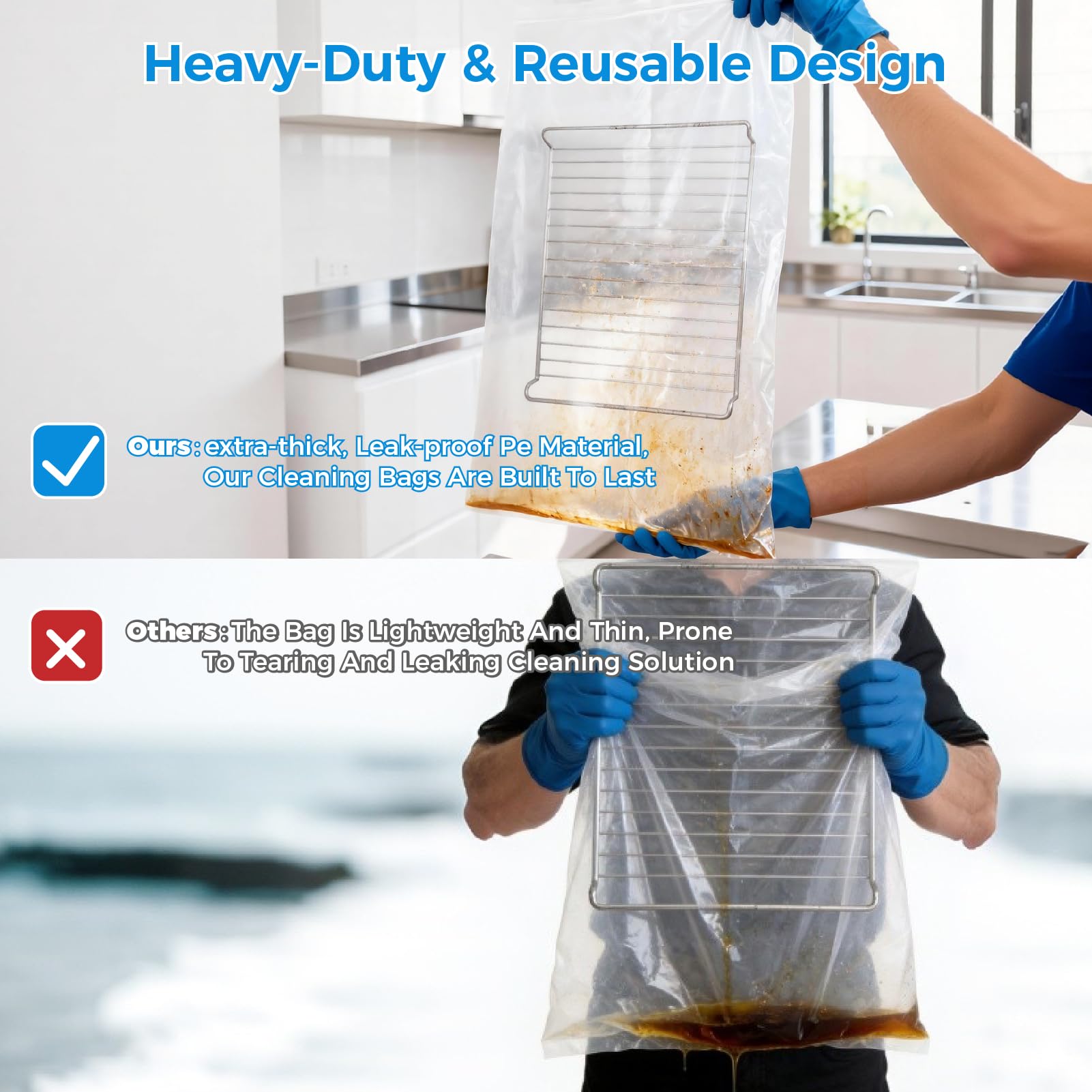 KYRGEU Large Oven Grill Cleaning Bags, Heavy Duty Oven Rack Cleaner Bags - No Messy Hands Reusable Soak-off Cleaning Kit for Grate & Grill Rack,No Cleaner Included (4 Packs 19.6''X27.5'')