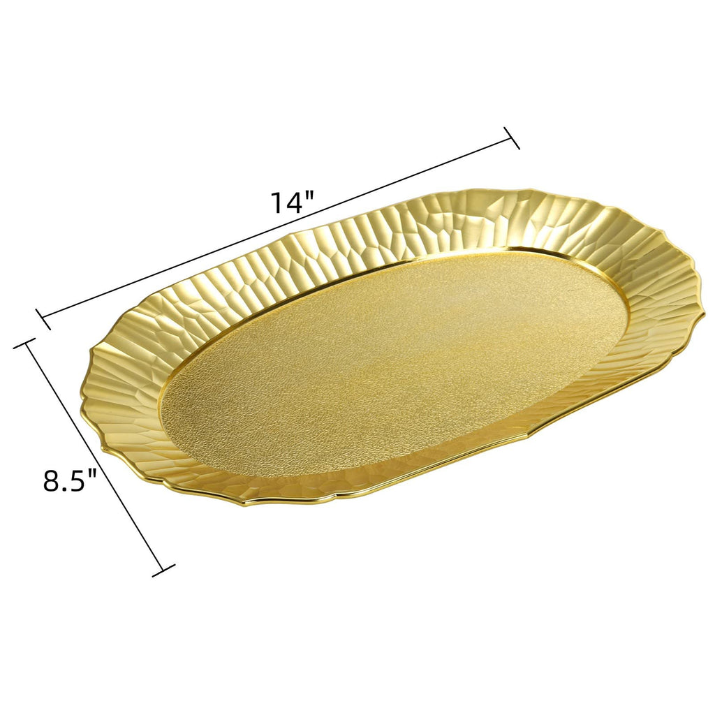 AVLA 6 Pack Gold Plastic Serving Platters, Reusable Party Snack Trays, Decorative Food Appetizer Platters for Dessert Table, Cupcake, Charcuterie, Cookies, 14" x 8.5"