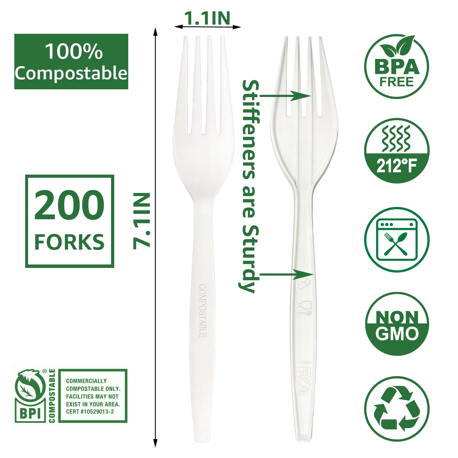 MISISIPI [7.1In 200Pcs] 100% Compostable Forks Biodegradable Forks HeavyDuty No Plastic Forks Eco-Friendly Heavyweight Disposable Forks Tableware Set for Lounge,Party,BBQ,Cafeteria,Wedding,Picnic