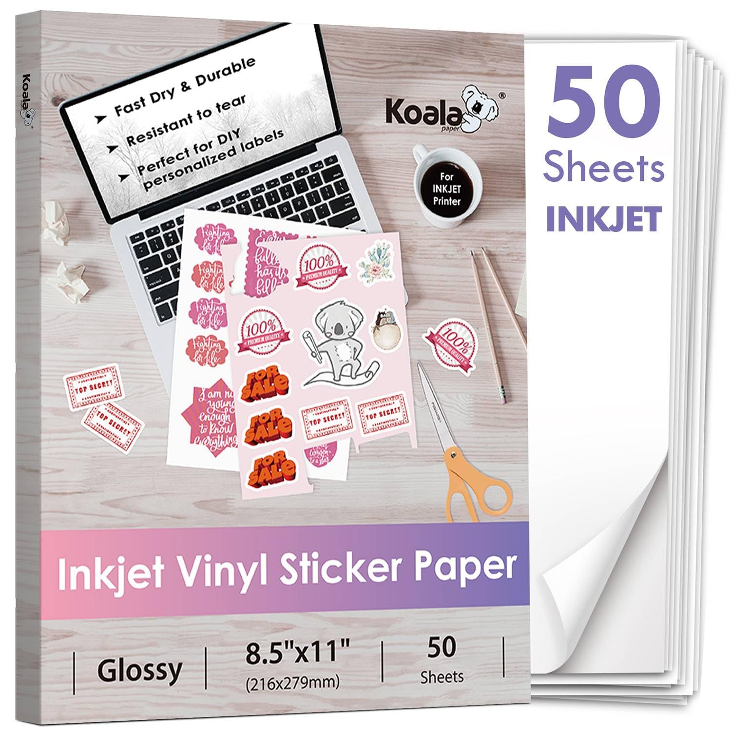 Koala Printable Vinyl Sticker Paper for Inkjet Printer - 50 Sheets White Glossy Sticker Paper, Waterproof Sticker Printer Paper 8.5x11 Inch, Tear-Resistant, Removable