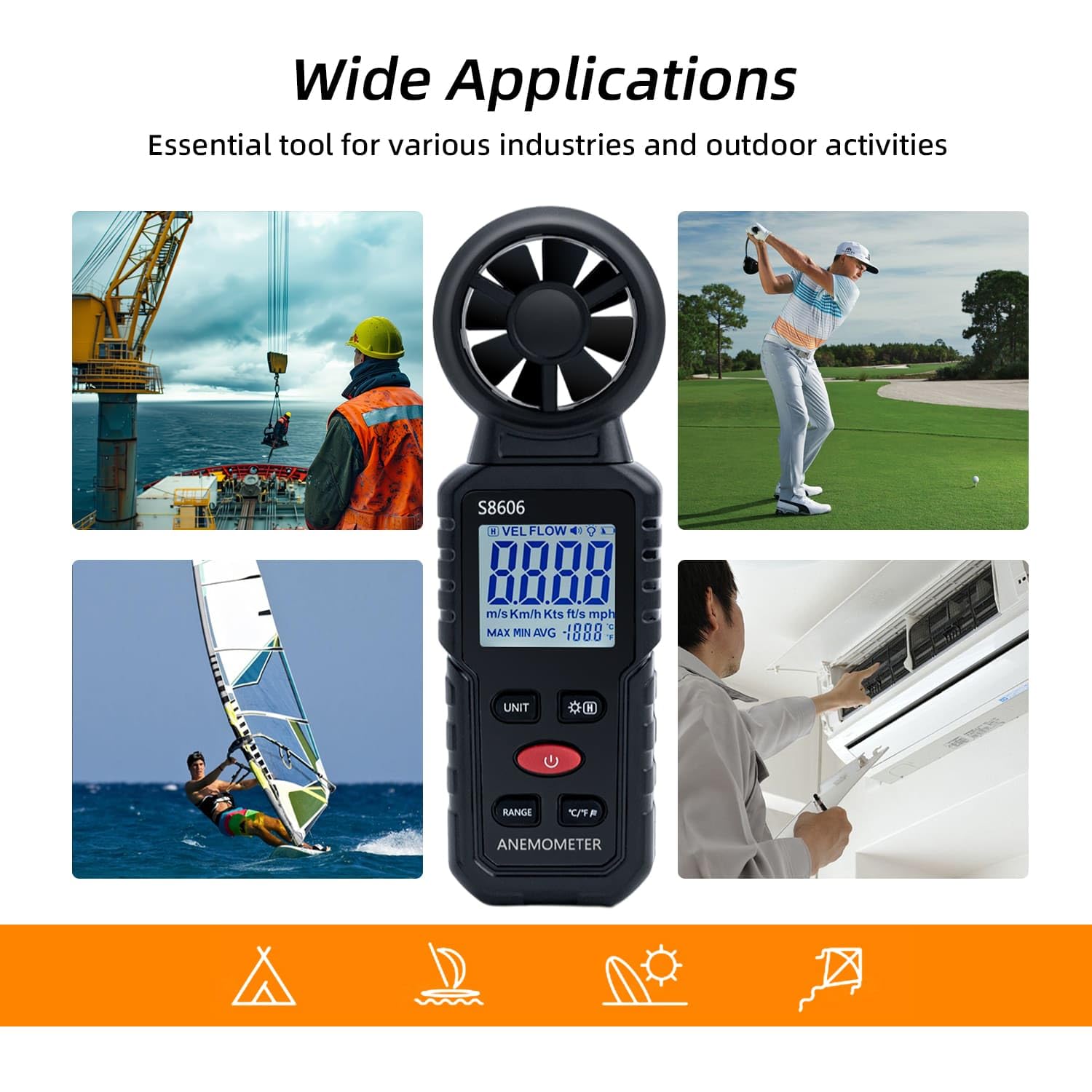 Mcbazel Anemometer, LCD Display, High Accuracy, °C and °F Display, Easy Operation, MAX/MIN/AVG Function, Anemometer Measures 1-12, Japanese Instruction Manual Included - Black