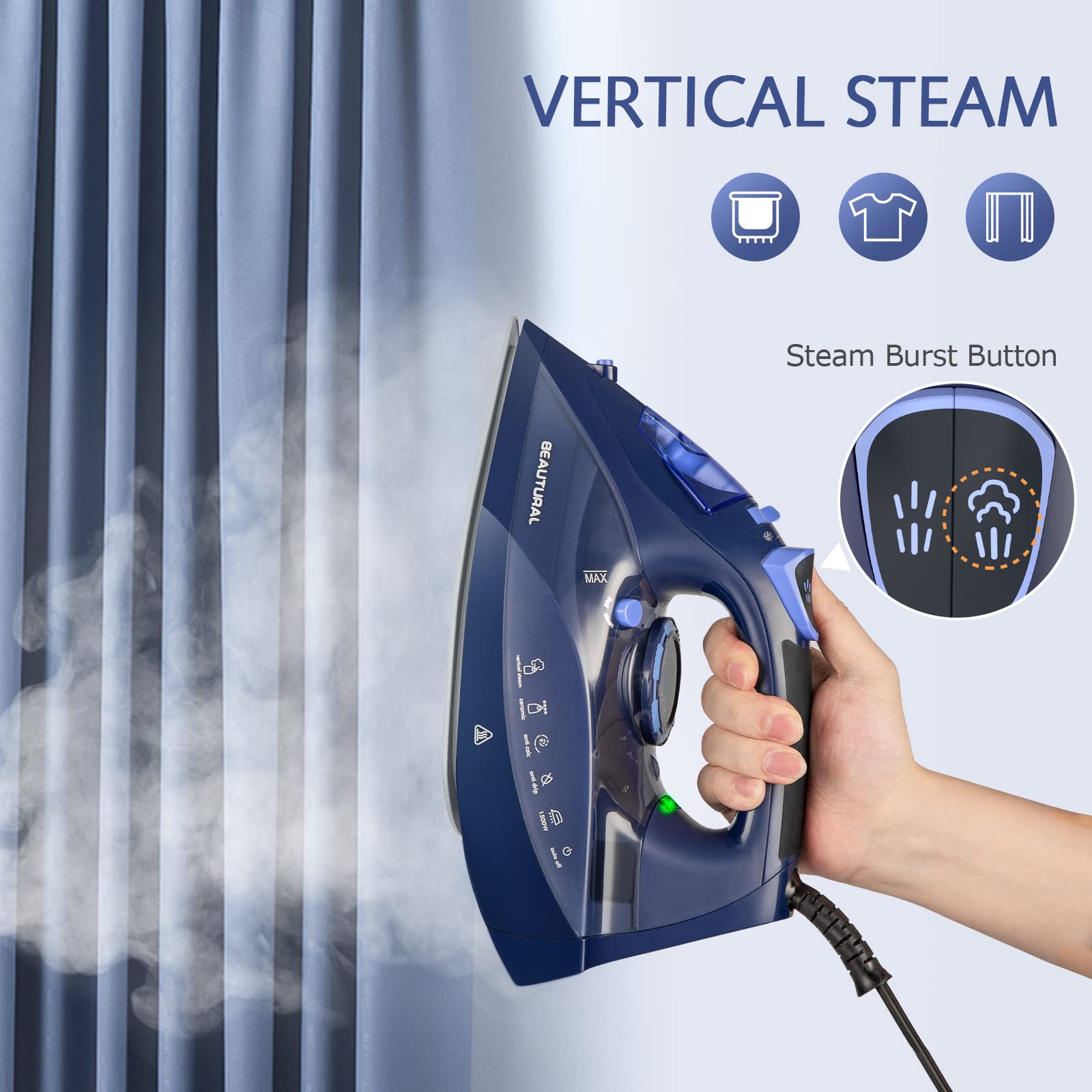 BEAUTURAL Steam Iron for Clothes with Precision Thermostat Dial, Ceramic Coated Soleplate, 3-Way Auto-Off, Self-Cleaning, Anti-Calcium, Anti-Drip