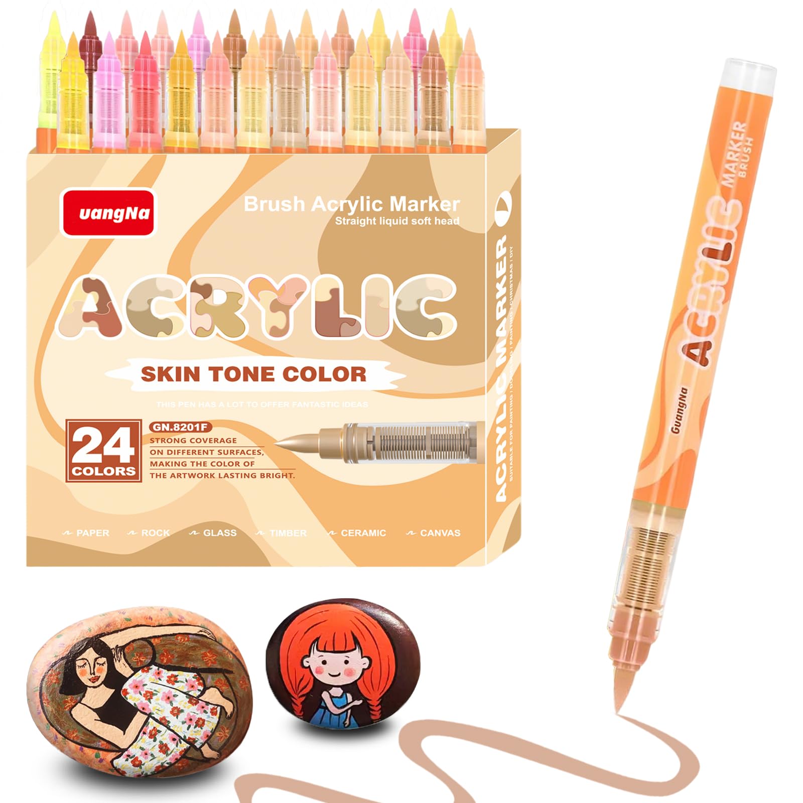 24 Colors Skin Tone Acrylic Markers, Anime Pro Soft Brush Tip Liquid Ink Pens, Quick-Dry Non-Bleed Skin Colour Markers for Waterproof Art on Canvas, Rocks, Glass, Paper
