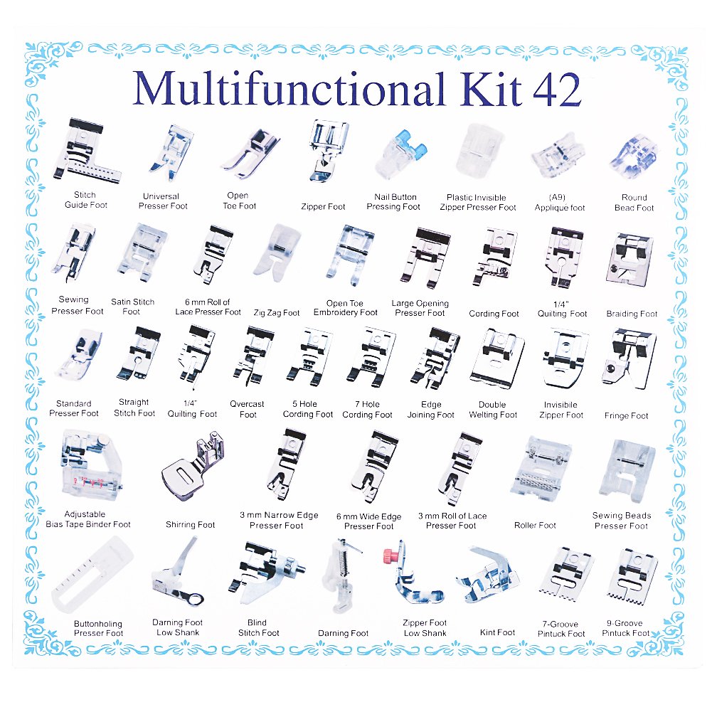 BUDDE 42pcs Domestic Sewing Machine Presser Feet Set for Brother, Babylock, Singer, Janome, Elna, Toyota, New Home, Simplicity, Necchi, Kenmore, and White Low Shank Sewing Machines