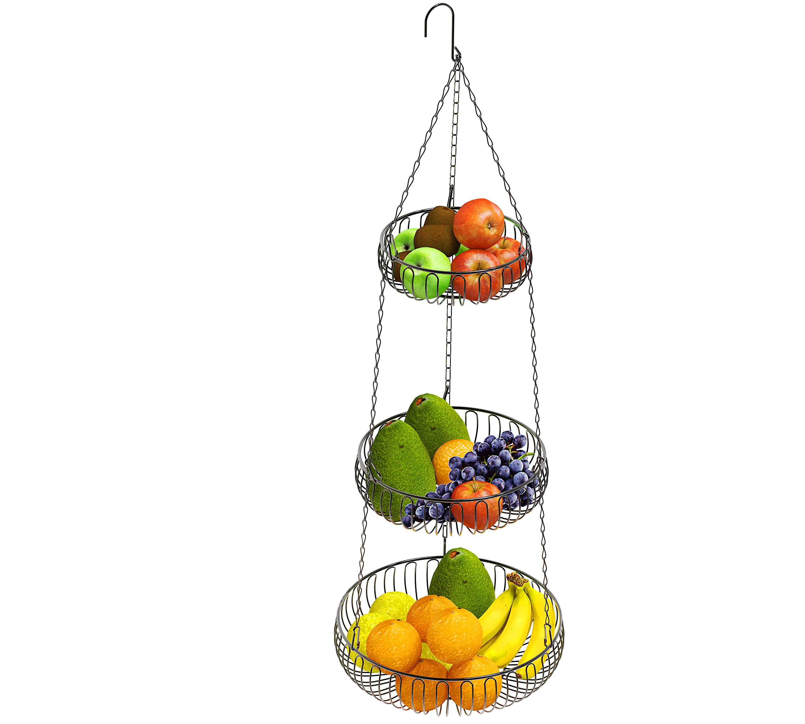 Simple Houseware 3-Tie Hanging Fruit Basket, Oblate, Black