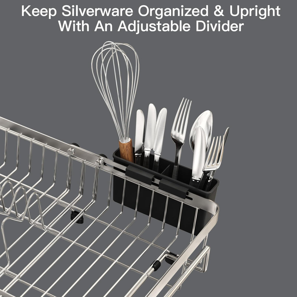 MAJALiS Dish Drying Rack in Sink, Expandable Stainless Steel Over Sink Dish Rack, Adjustable Capacity Dish Strainers for Kitchen Sink Counter with Utensil Holder, Silver