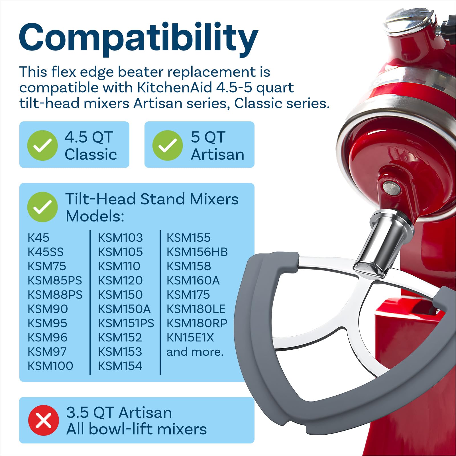Flex Edge Beater for KitchenAid 4.5-5 Quart Tilt-Head Stand Mixers Artisan & Classic Series by MMOBIEL - Stainless Steel Flat Beater Paddle with Flexible Silicone Edges Bowl Scraper - Dishwasher Safe