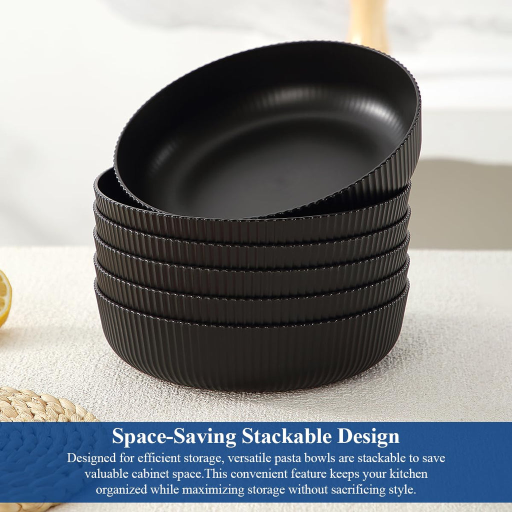 Homquen Pasta Bowls Set of 6, 37oz Salad Bowls Black Soup Bowls, Large Pasta Serving Bowls, Unbreakable Plastic Dinner Bowls, Dinnerware Sets,Valentines Day Gift, Dishwasher Safe (Black)