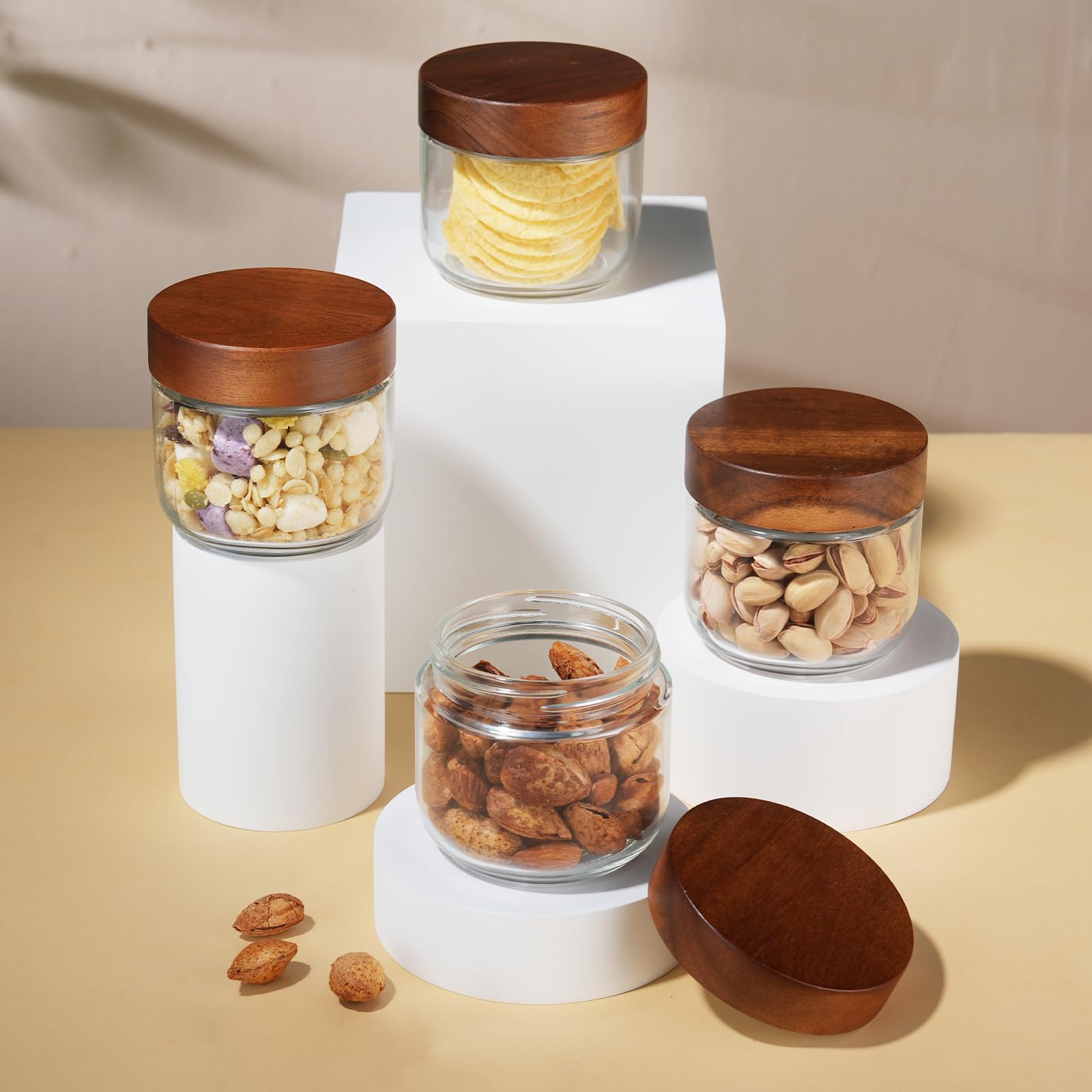 Bumobum 250ml(8oz) Glass Mason Jars with Lids, Small Glass Container with Acacia Wood Airtight Lid, Wide Mouth Canisters for Chia Pudding Meal Prep Parfait Salad Snacks Yogurt Spice, 4-Pack