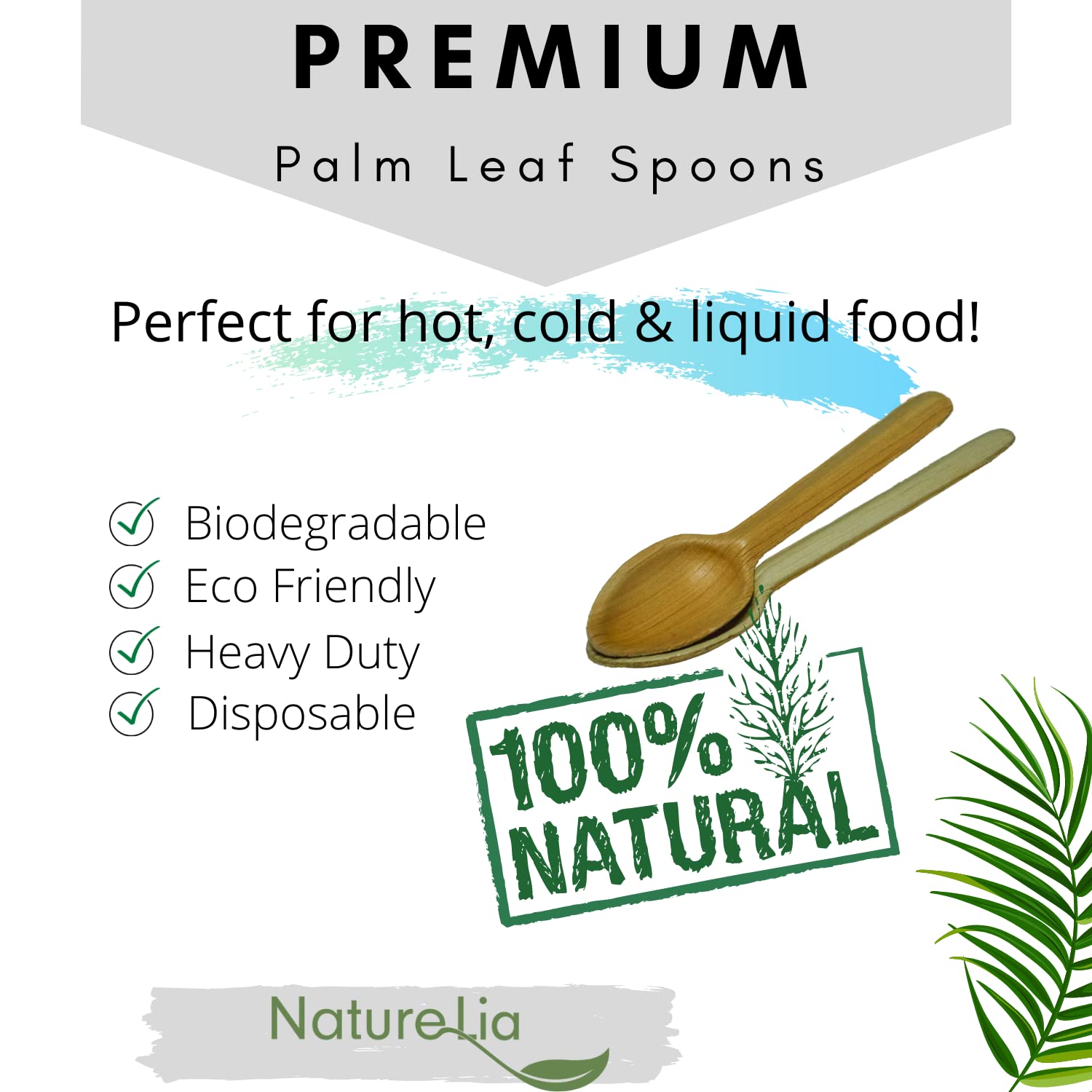 Naturelia Areca Palm Leaf Spoons (50, 14cm) | Elegant, 100% Biodegradable, Natural & Eco Friendly| Wedding, Party, Picnic & Event Spoons