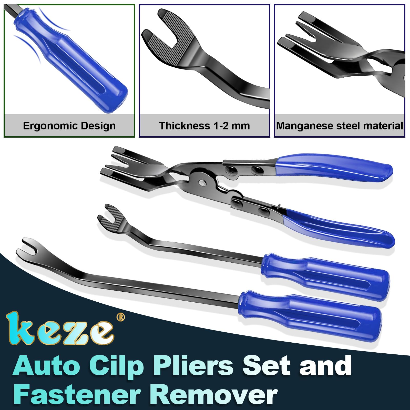 KEZE 7 Pcs Auto Clip Pliers Set and Fastener Remover,Car Trim Rivet Removal Pry Tool Repair Kit with Storage Bag for Automotive Door Panel,Upholstery,Plastic Fasteners