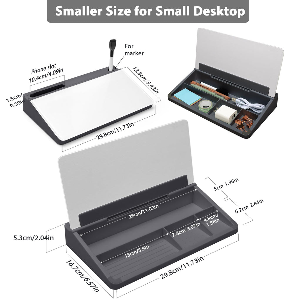 Varhomax Small Glass Desk Whiteboard, Dry Erase Desktop White Board with Storage Caddy to-do List Desk Buddy Memo Notepad for Office, School and Home Office Accessories Supplies (Gray & White)