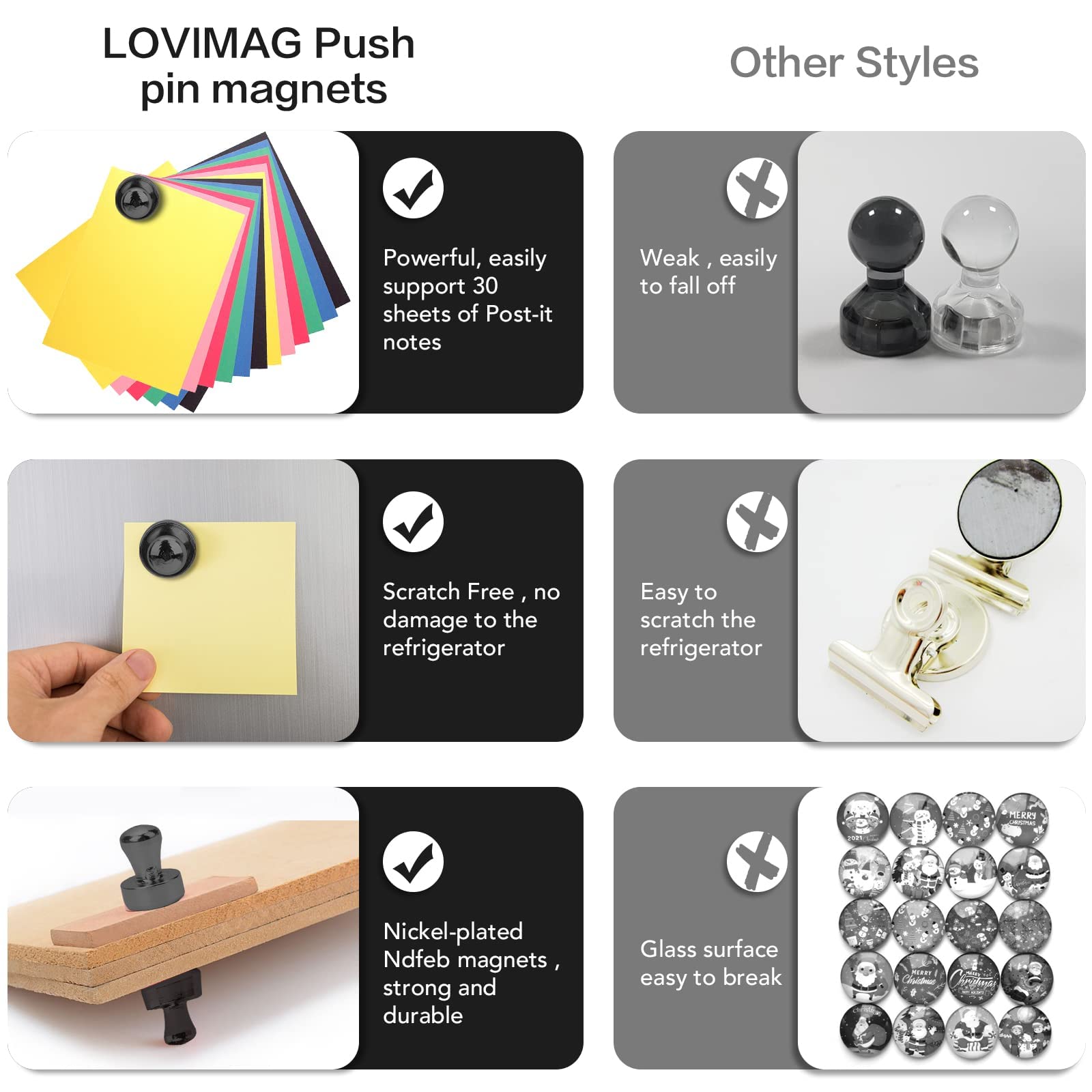 LOVIMAG 30Pcs Black Refrigerator Magnets Fridge Magnets,Small and Dainty Magnets, Metal Magnets for Fridge, Whiteboard, Office, Classroom, Map, Kitchen