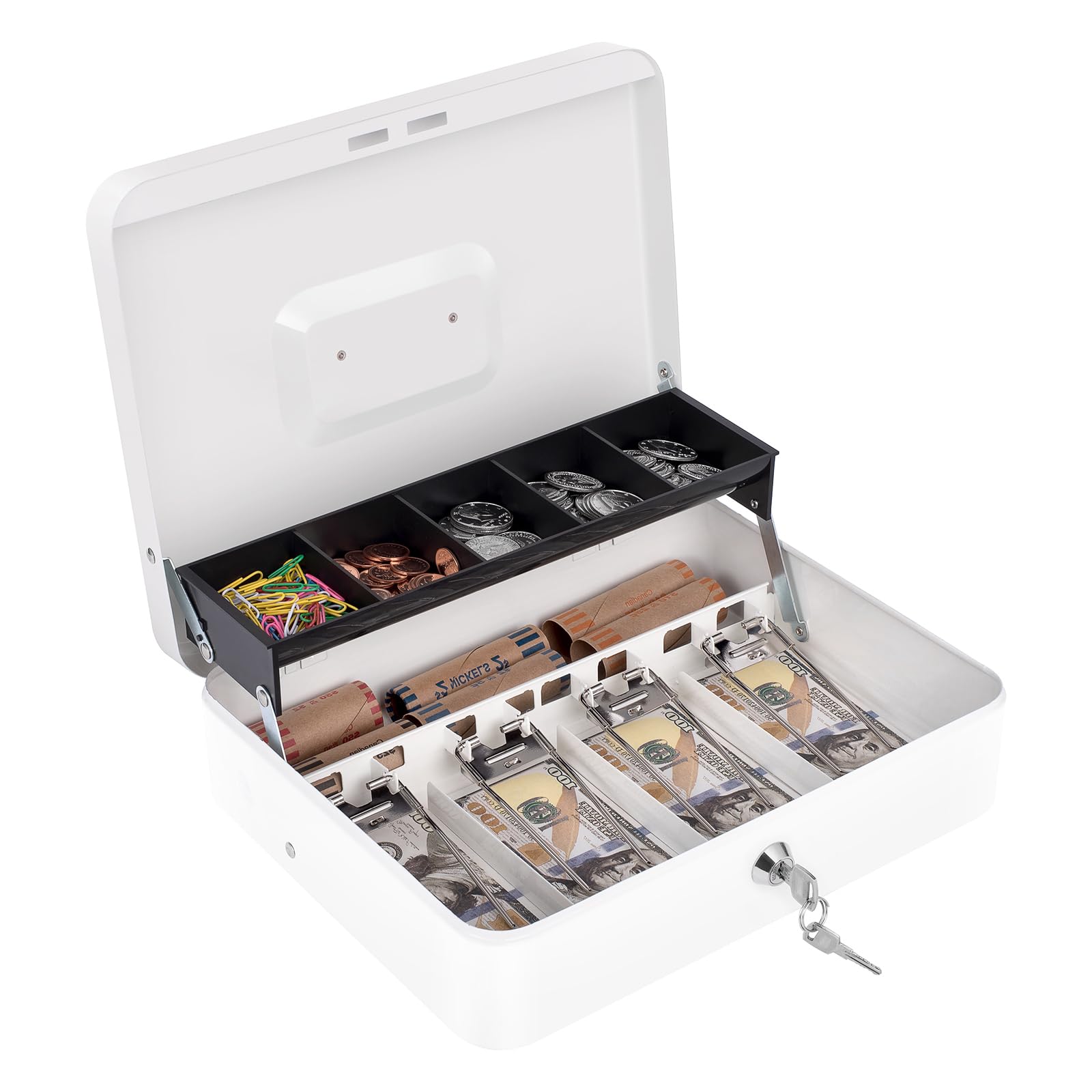 Cash Box with Money Tray and Lock, Money Box for Cash, Cash Register for Small Businesses, Metal Lock Box for Money Tiered 11.8 x 9.4 x 3.54 Inches White