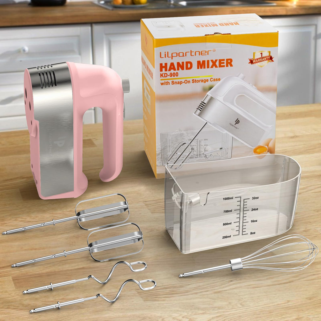 Hand Mixer Electric, 450W Kitchen Mixers with Scale Cup Storage Case, Turbo Boost/Self-Control Speed + 5 Speed + Eject Button + 5 Stainless Steel Accessories, For Easy Whipping Dough,Cream,Cake