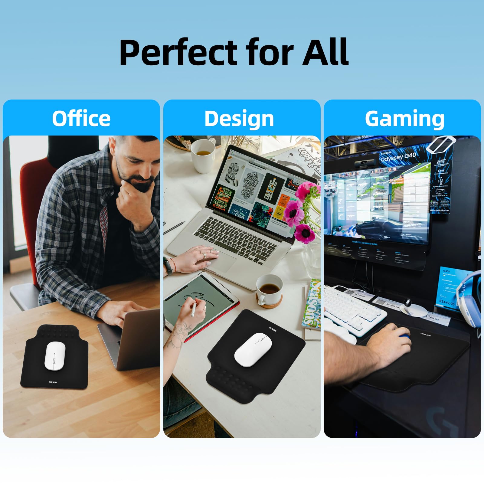 Ergonomic Mousepad with Slow-Rebound Memory Foam Wrist Rest - Ultra Smooth Surface, Non-Slip Base, Desk Essential for Office, Design, Gaming, 24x20.5 cm