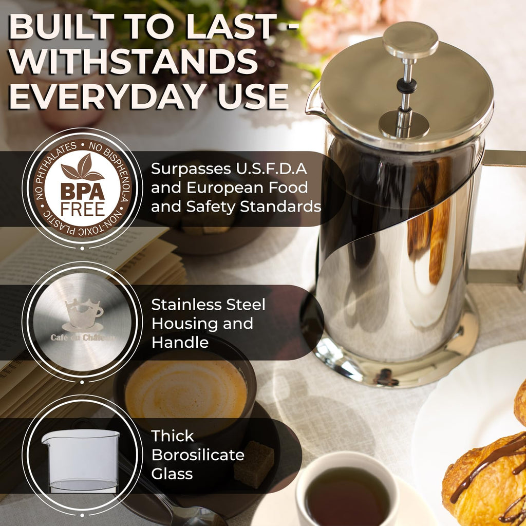 French Press Coffee Maker 34oz – Stainless Steel & Glass Coffee Press with 4-Level Filtration, BPA-Free Cafetiere for Camping or Home – Large, Durable for Hot & Cold Brew