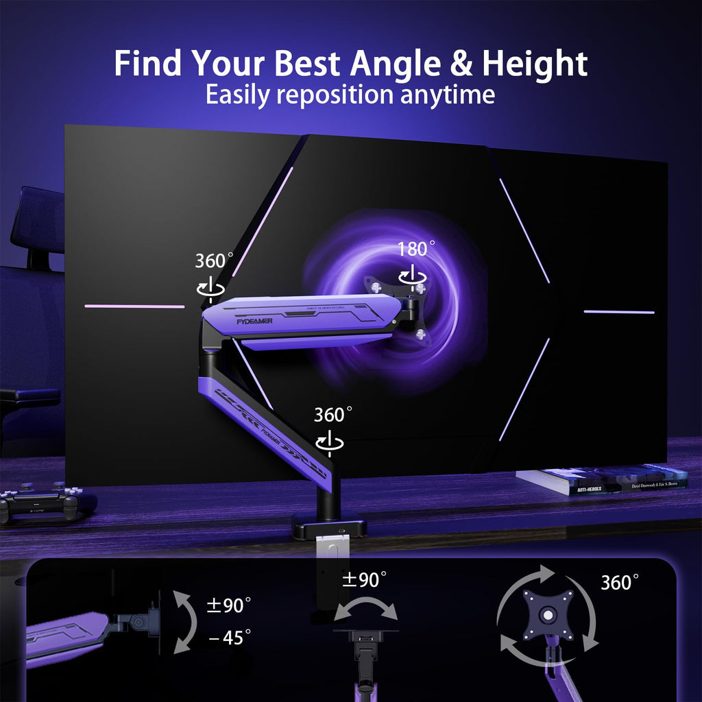 ETHU Single Heavy Duty Monitor Arm for 17-42 inches Monitors with 30 RGB Lighting Effects,Holds 15KG/33lbs,Ultrawide Monitor Arm for Curved Flat Monitors, Purple