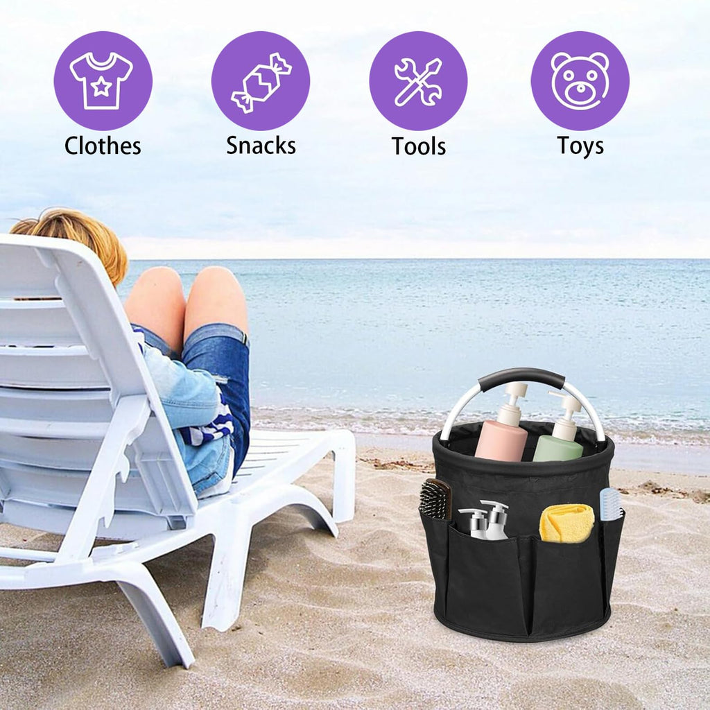 Cleaning caddy storage bag with foldable cleaning bucket handle, suitable for cleaners and butlers with multi pocket tool kit, 6 pockets, foldable design, black