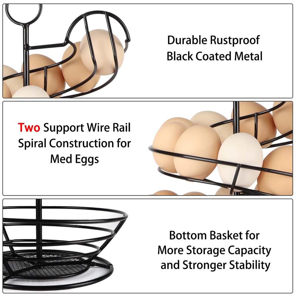 QUTREY Black Metal Egg Skelter, Spiral Design Egg Dispenser Rack Holder with Storage Basket for Countertop, Kitchen