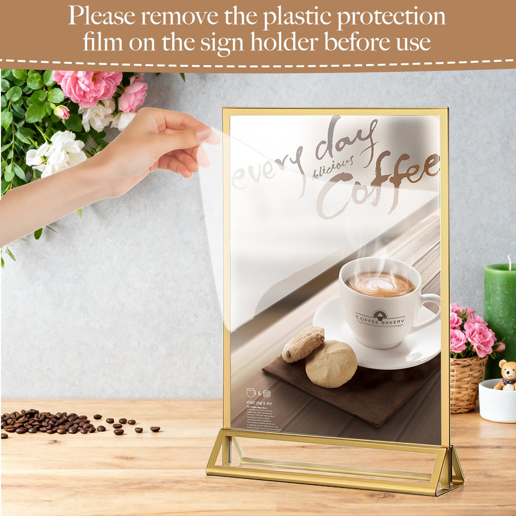 RUITENG 12 Pack Acrylic Sign Holder, 5x7 Clear Gold Frame Display Stand, Double Sided Picture Menu Flyer Holders, Wedding Table Number Frames for Cards Photo Party Decoration (5" x 7")