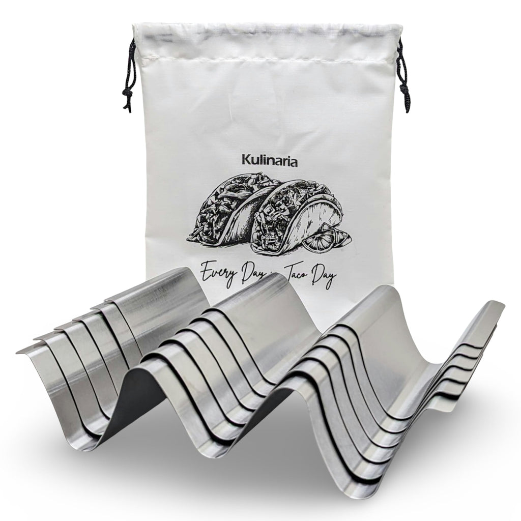Kulinaria 6 Pack Stainless Steel Taco Holders + Cloth Dust Bag | Each Rack Holds 2 or 3 Tacos | Holders Work with Soft Shell and Hard Shell Tacos