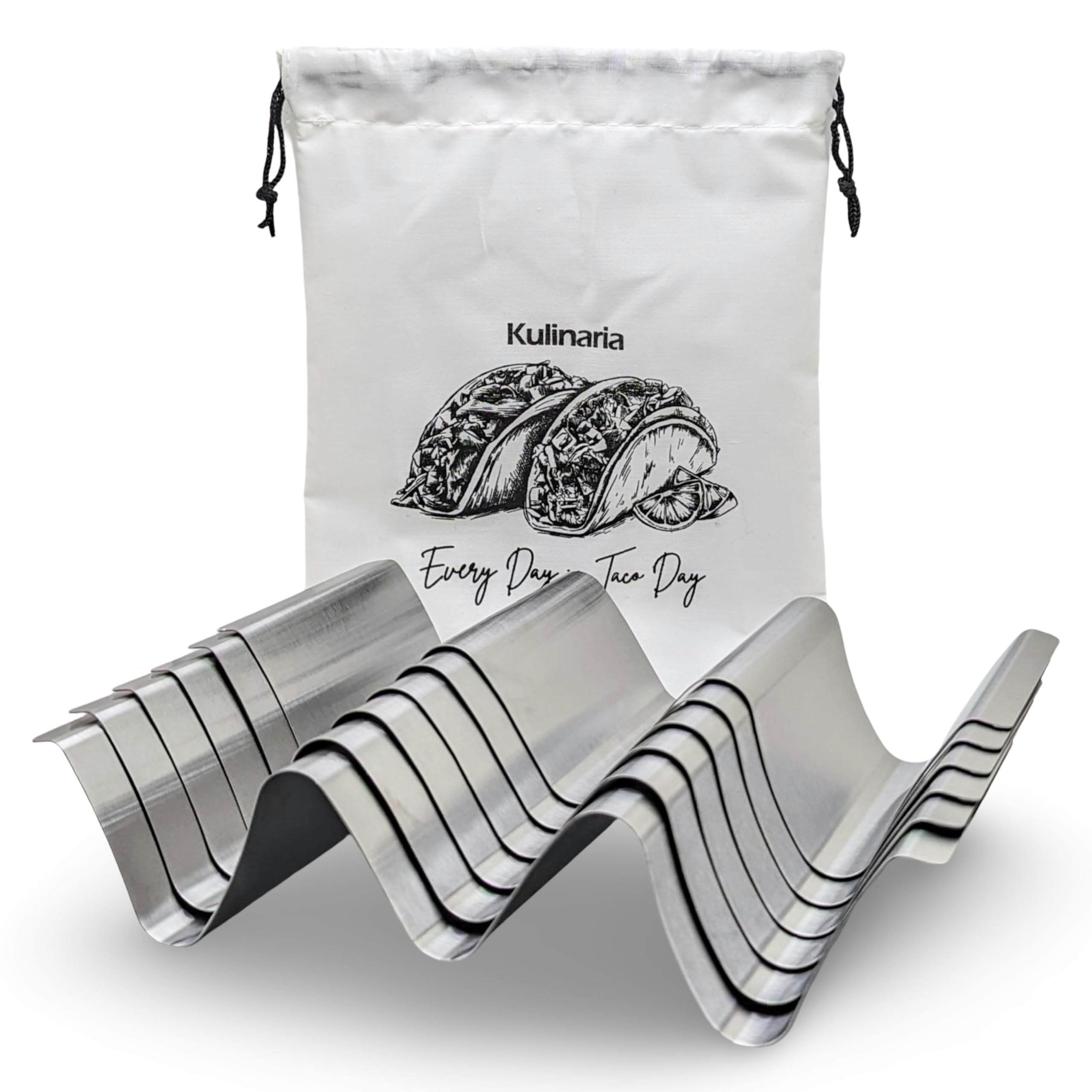 Kulinaria 6 Pack Stainless Steel Taco Holders + Cloth Dust Bag | Each Rack Holds 2 or 3 Tacos | Holders Work with Soft Shell and Hard Shell Tacos