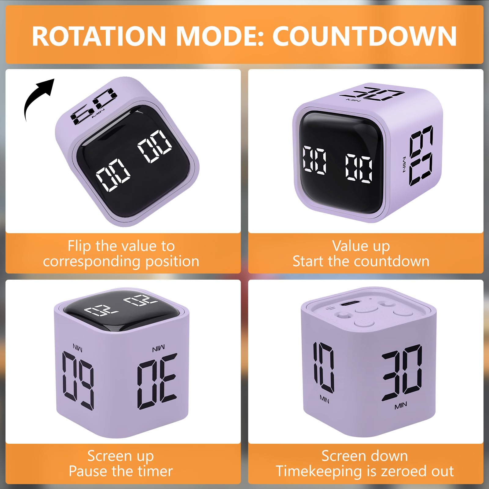 GuDoQi Cube Timer, Pomodoro Timer with Adjustable Sound and Vibration Alert, 5/10/30/60 Mins & Custom Mode, Visual Countdown Timer for Study, Office, Yoga, Purple
