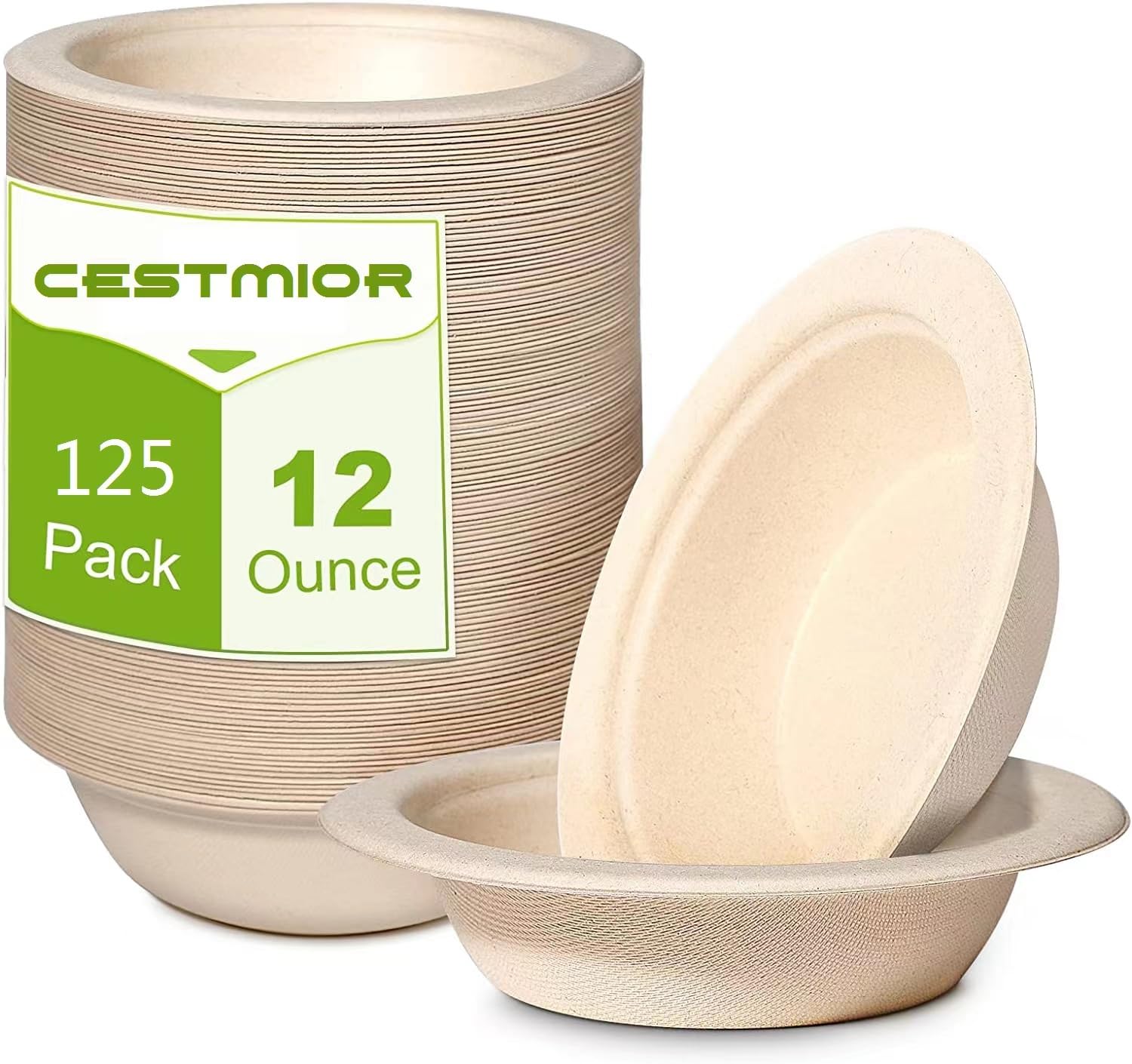 Paper Bowls Disposable Bowls [125-Pack], Eco-Friendly Compostable Bowls Made of Bagasse or Sugarcane Fiber, Heavy-Dut Natural Biodegradable Bowl for Dinner, Party Supplies (12 oz)