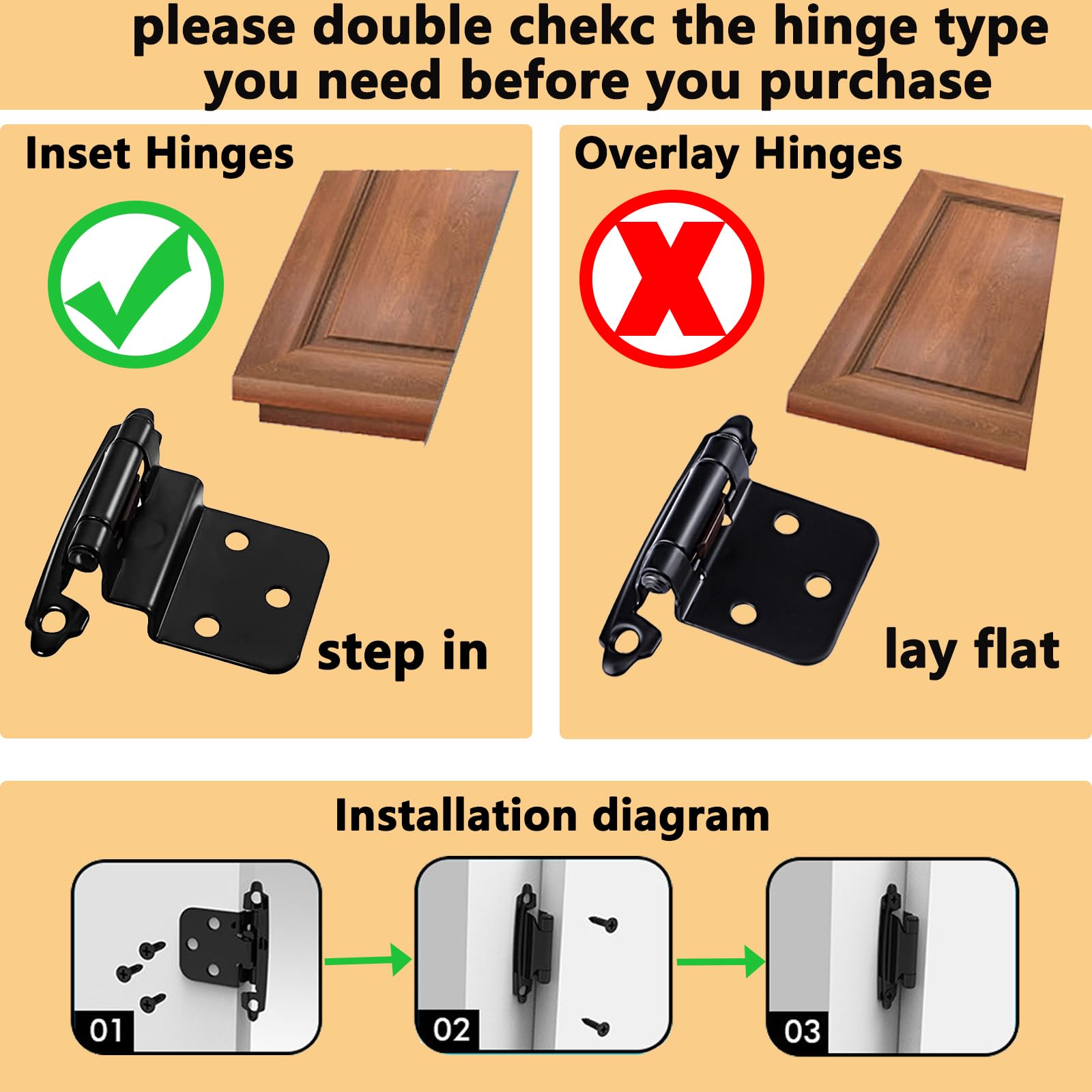 16 Pack Cabinet Hinges for Kitchen Cabinets,3/8" Inset Cabinet Hinge Self Closing Kitchen Cabinet Door Hinges Black Kitchen Cabinet Door Hinges with Screws(8 Pairs)
