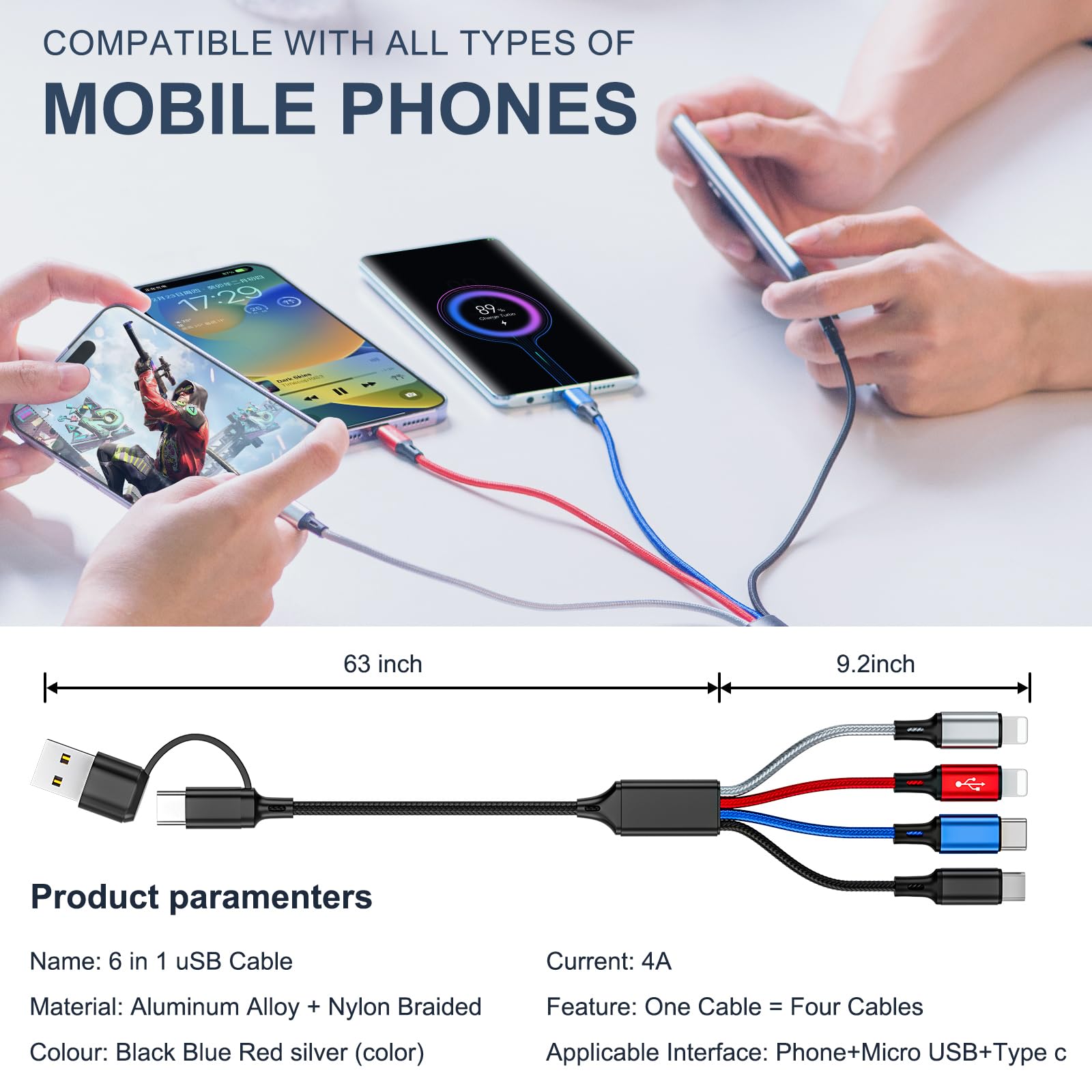 6 in 1 Multi Charging Cable 2Pack-6FT Multi USB Cable 3A Multi Charger Cable Braided Multiple Phone Charger Cable Universal USB A/C Charging Cord with 2*IP/Type C/Micro USB Port for Cell Phone/Tablets