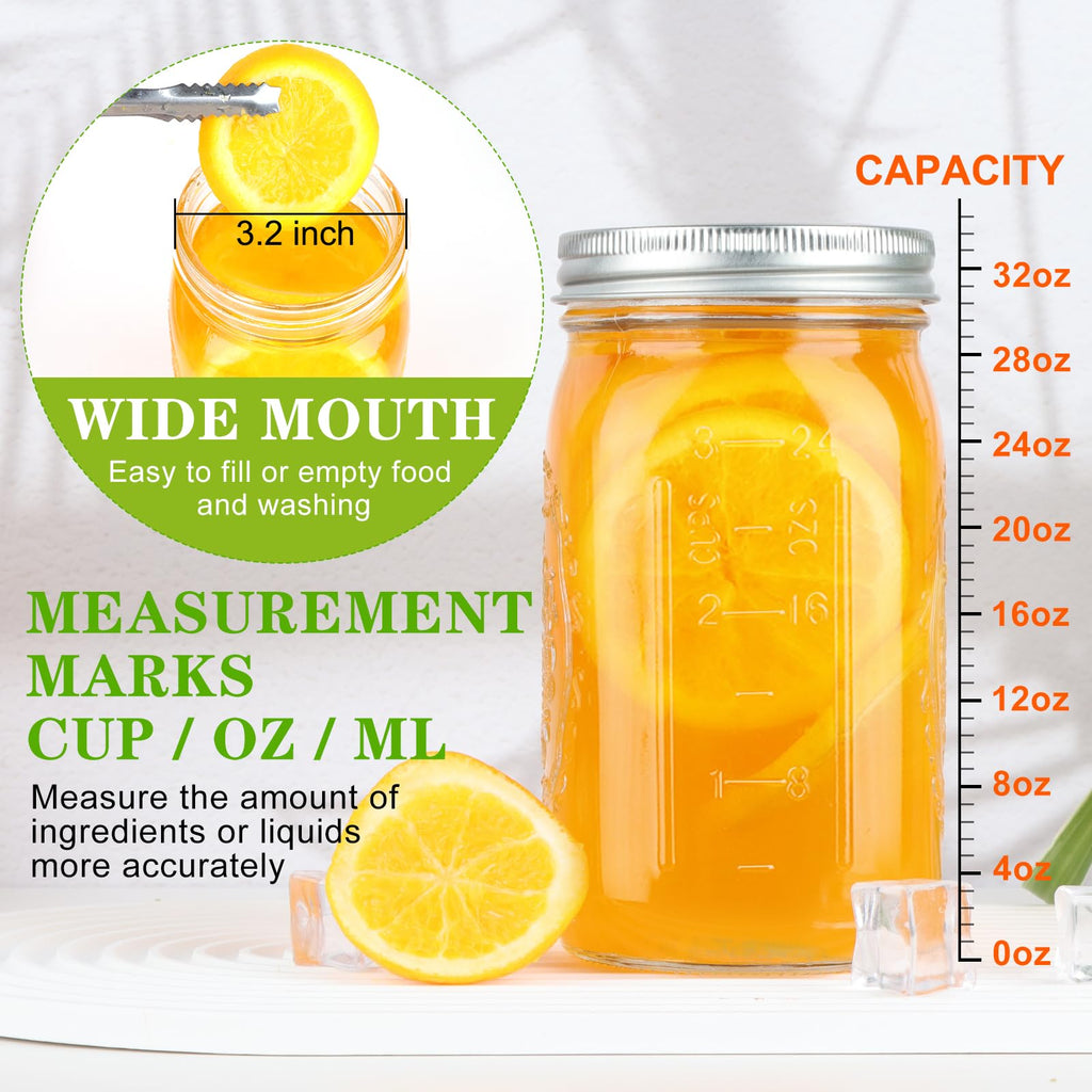 HWASHIN Wide Mouth Mason Jars 32 oz, 6 Pack Quart Canning Jars with Airtight Lids and Bands, Clear Glass Mason Jars for Canning, Pickling, Preserving, Meal Prep
