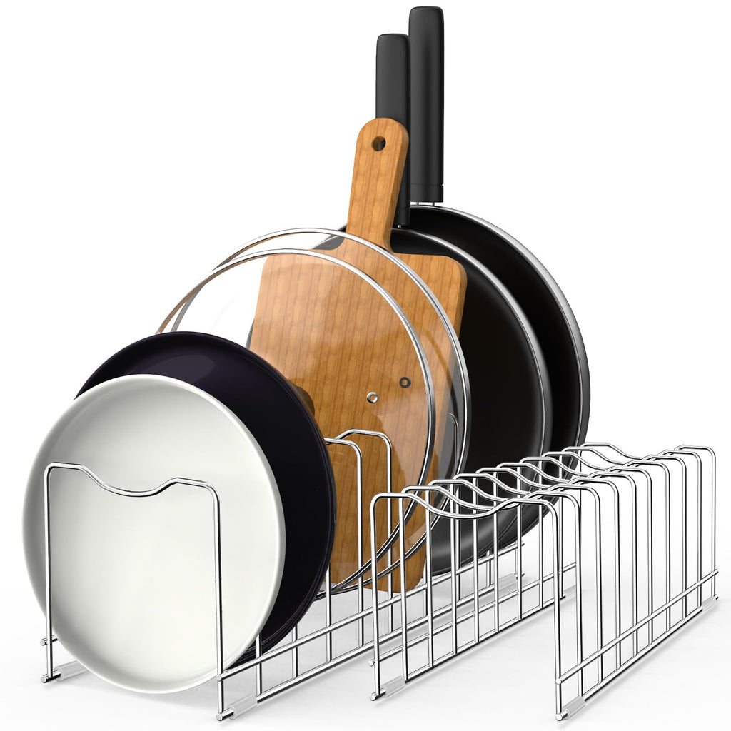 Pot Lid Organizer Pan Lid Organizer Kitchen Pot Lid Rack Suitable for Bakeware Dish Plate, Cutting Boards, Pots & Pans, Serving Trays, Reusable Holder FLSEPAMB(2 Pack+Eight Silicone Foot Covers)