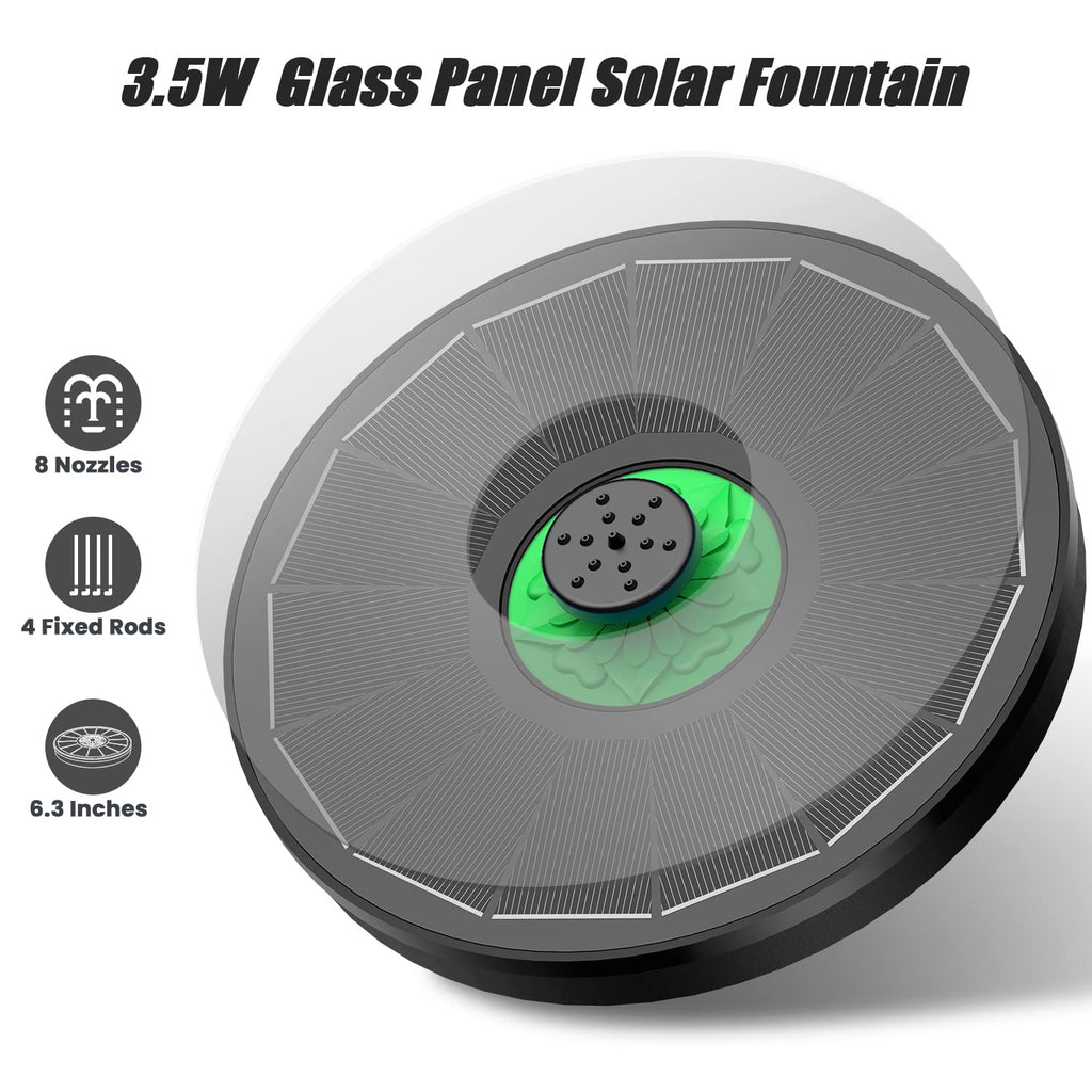 Yzert Solar Fountain Full Glass Panel No Battery, 3.5W Solar Bird Bath Fountains with 4 Fixed Rods & 7 Nozzles, Solar Fountain Pump for Bird Bath, Garden, Pond, Pool, Patio (Black Panel)