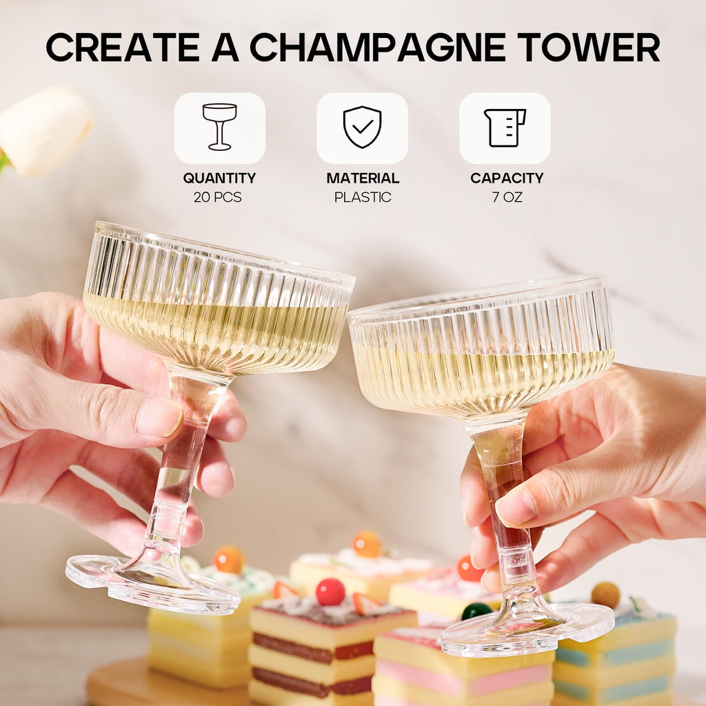DORONAN 20 Pack Plastic Champagne Tower, 7oz Champagne Coupe Unbreakable Plastic Cocktail Glasses Acrylic Martini Glasses for Wedding Birthday Party Bar, Clear