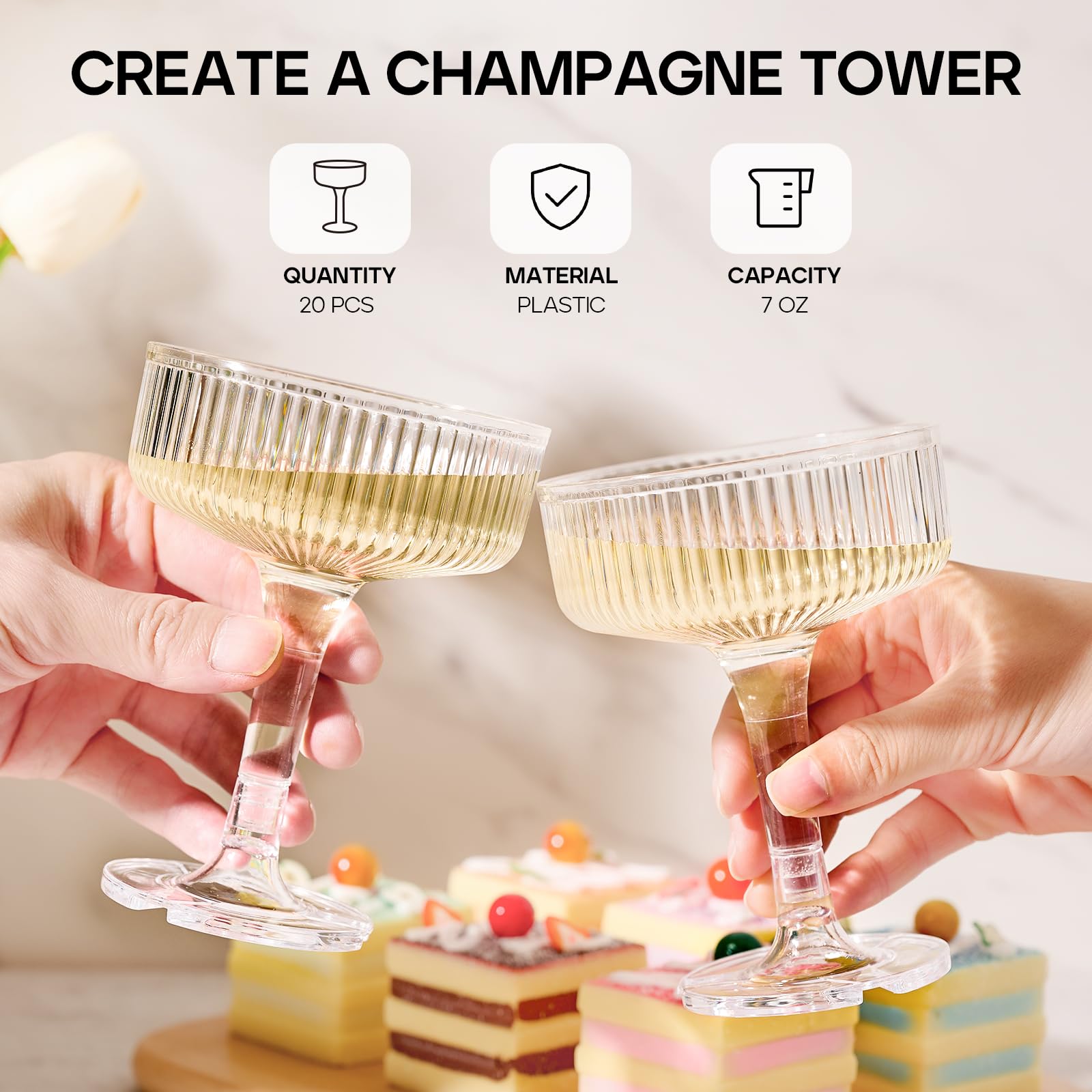 DORONAN 20 Pack Plastic Champagne Tower, 7oz Champagne Coupe Unbreakable Plastic Cocktail Glasses Acrylic Martini Glasses for Wedding Birthday Party Bar, Clear