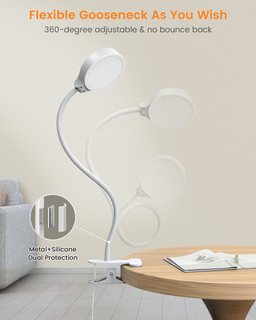 Glocusent 5W Clip on Light, 36LED Eye Caring Reading Light for Bed, 3 Colors & 5 Brightness Clip on Lamp with Adapter, Perfect Reading Light for Bed Lamp/Bunk