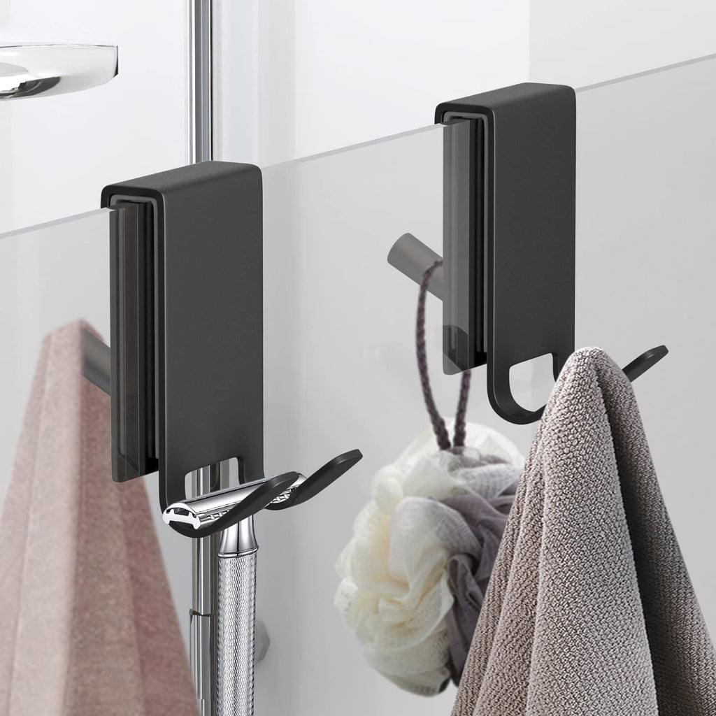 Shower Door Hook, Double-Sided Hook for Frameless Shower Doors (3.14 Inch), Heavy-Duty Stainless Steel Hook for Bathrobes and Towels, No Drilling or Adhesive Required, 2-Pack, Black