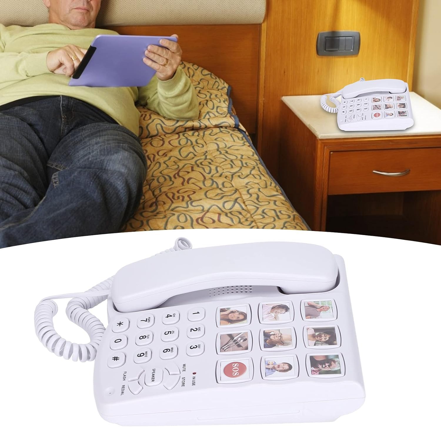 Landline Corded Home/Office Phone for Seniors with Photo Memory Speed Dial, Loud Ringer & Speakerphone, Desk & Wall Mounted Telephone for Dementia & Alzheimer’s Adults (White)