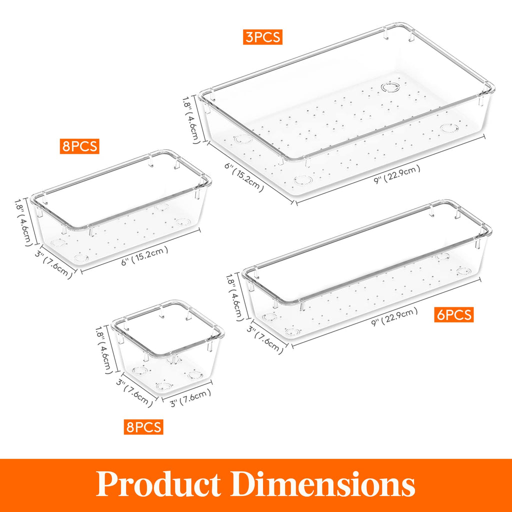 Lifewit Drawer Organizer, Clear Makeup Organizer, Plastic Desk Organizer and Storage for Makeup, Jewelries, Bedroom, Bathroom, 25 Packs