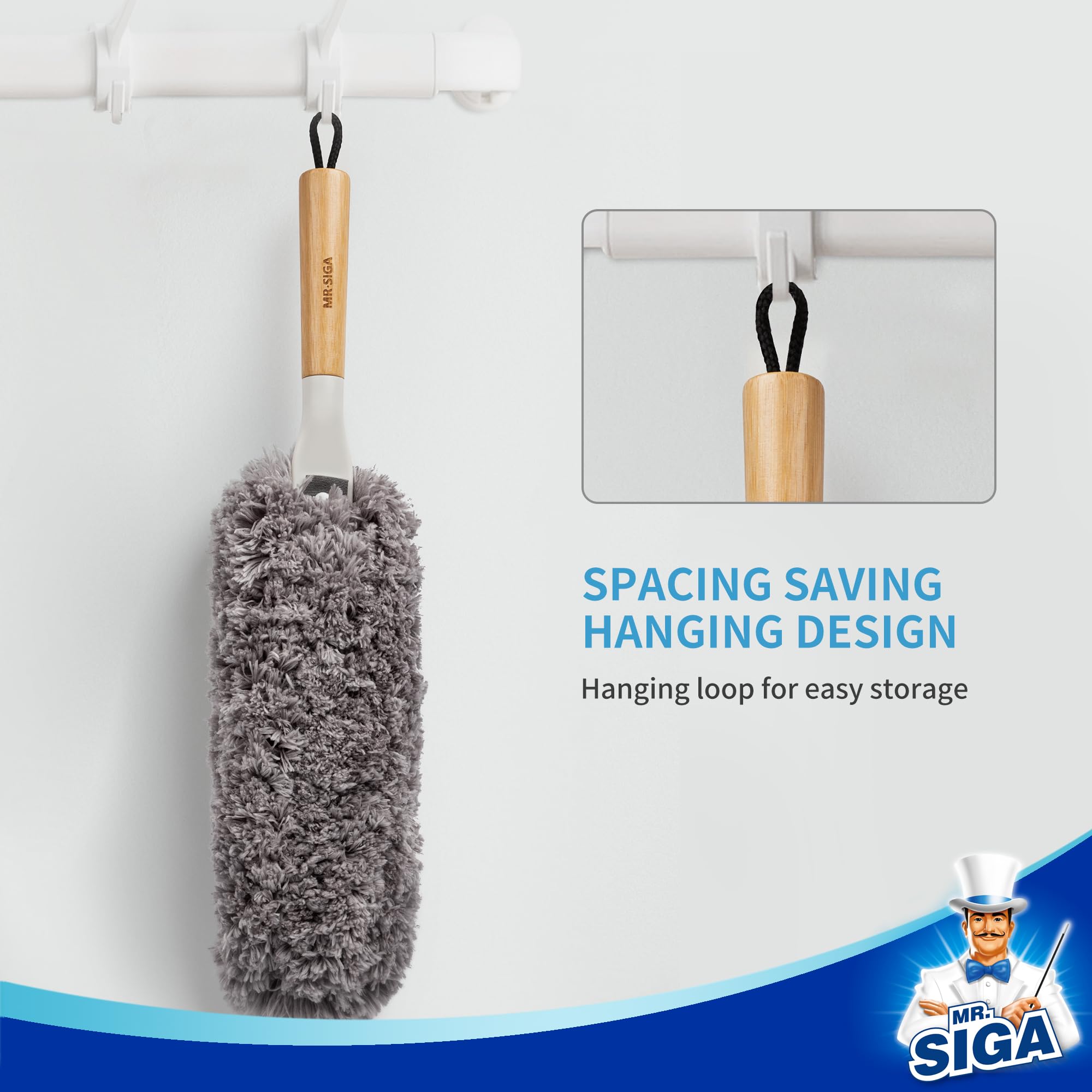 MR.SIGA Lint Free Microfiber Duster, Washable and Reusable Dust Brush with Bamboo Handle and Replaceable Head, Dusting Tool for Household Cleaning