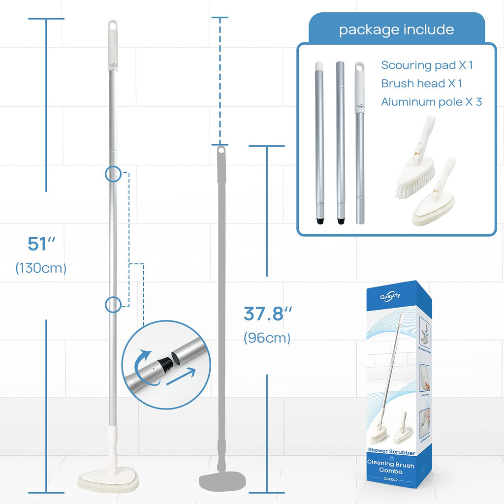 Qaestfy Shower Scrubber and Cleaning Brush Combo 51'' Aluminum Long Handle for Bathroom Bathtub Tub and Tile Scrubber Brush Deep Cleaning Model QAE002