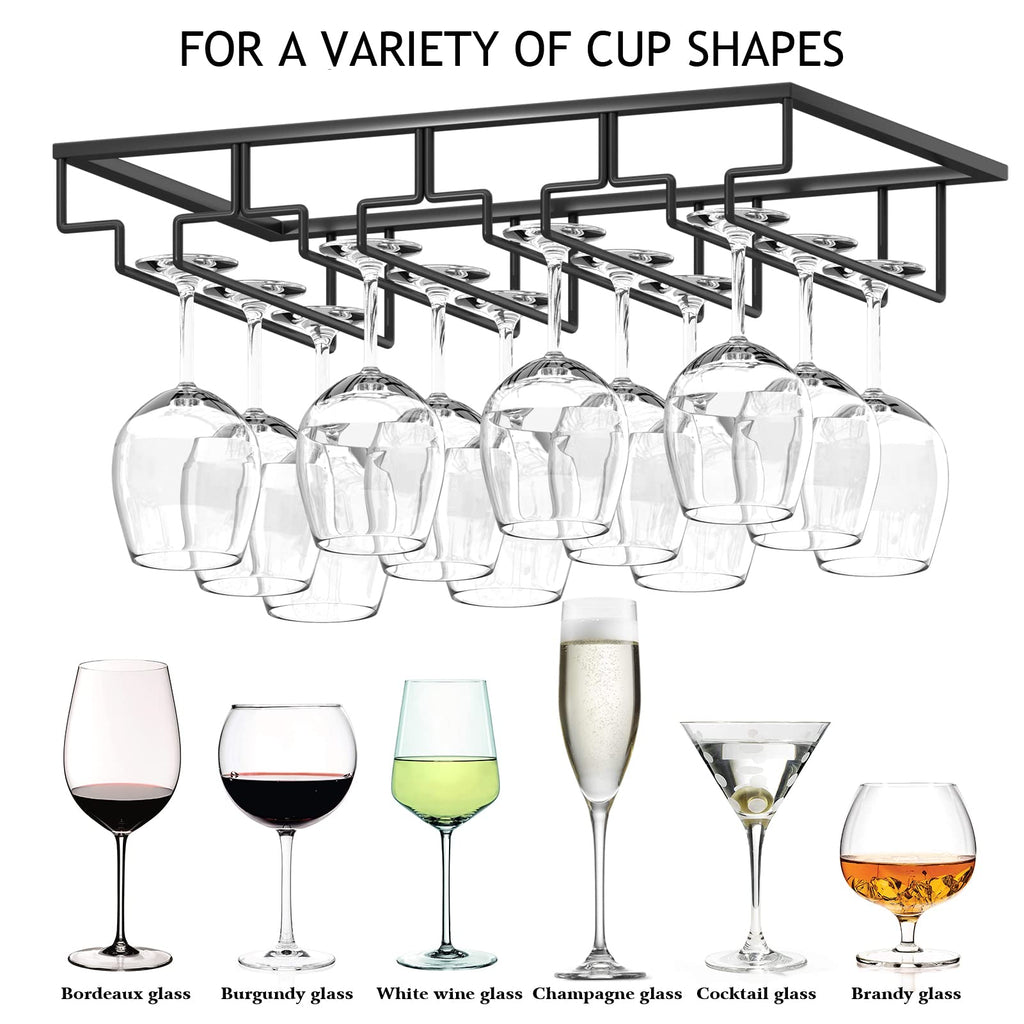 Wine Glass Rack - 4 Row Under Cabinet Stemware Wine Glass Holder - Glasses Storage Hanger for Bar Kitchen, Metal Organizer for Brandy, Margarita, Martini Glasses & More - 2 Pack, Black