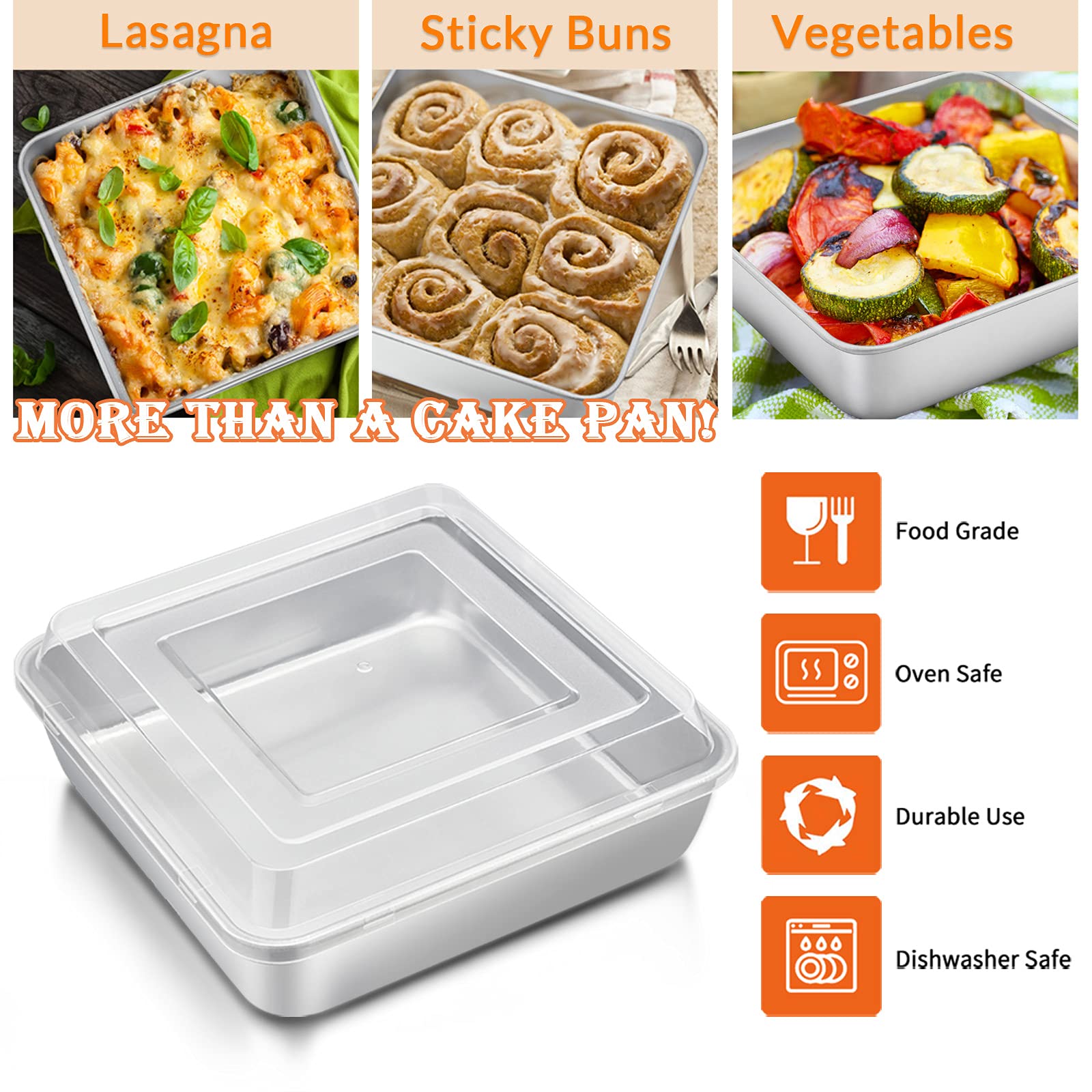 8 x 8-Inch Square Baking Pan with Lid, E-far Stainless Steel Square Cake Brownie Pan, Fit for Toaster Oven, Non-toxic & Healthy, Easy Storage & Dishwasher Safe - 2 Pieces(1 Pan + 1 Lid)