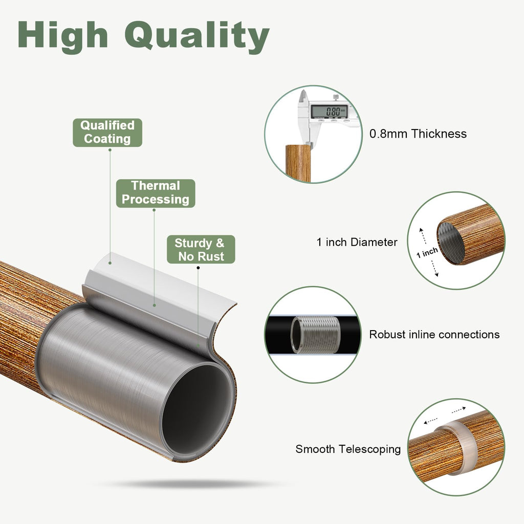 QDWIS Wood Curtain Rods for Windows 48 to 84 Inch,1'' Diameter Drapery Rods with Imitation Wood Grain Leaf Pattern Finials,Boho Adjustable Heavy Duty Curtain Rods Set,36-88''